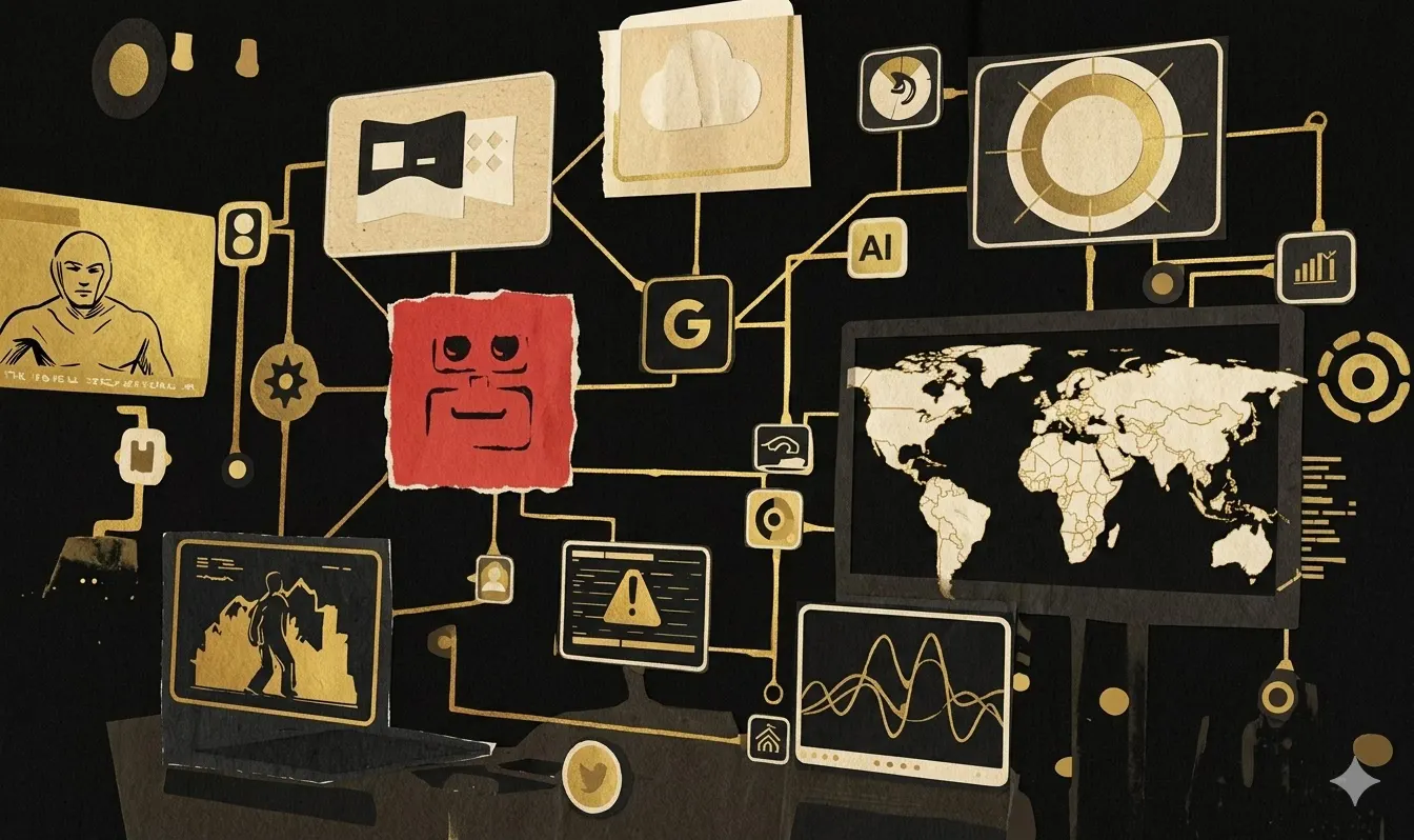 Risograph-style collage of connected AI and software icons