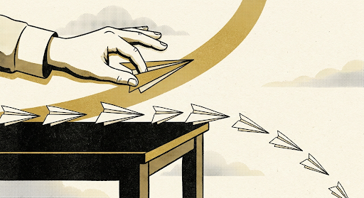 Risograph-style illustration of a hand pressing a wax seal onto one envelope on a conveyor belt of identical unstamped envelopes
