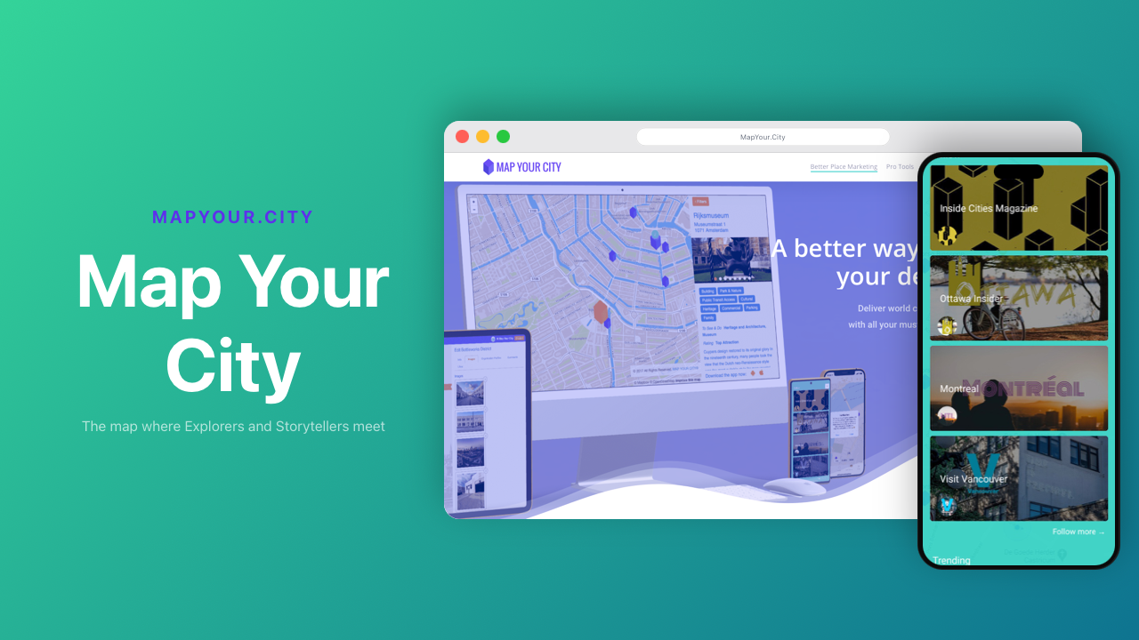 Map Your City product screenshot shown across desktop and mobile devices