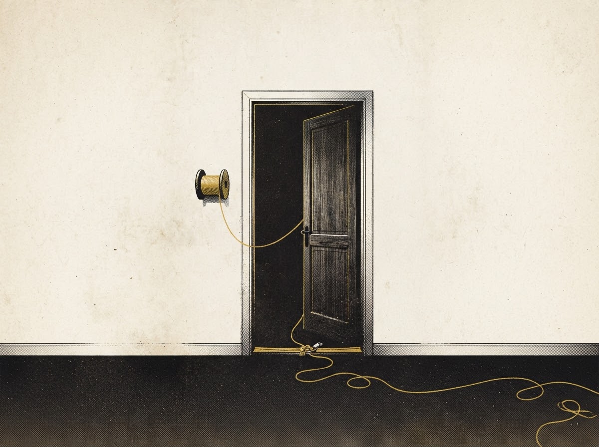 Risograph-style illustration of a spool of gold thread mounted by a door, unspooling through the doorway and trailing across the floor