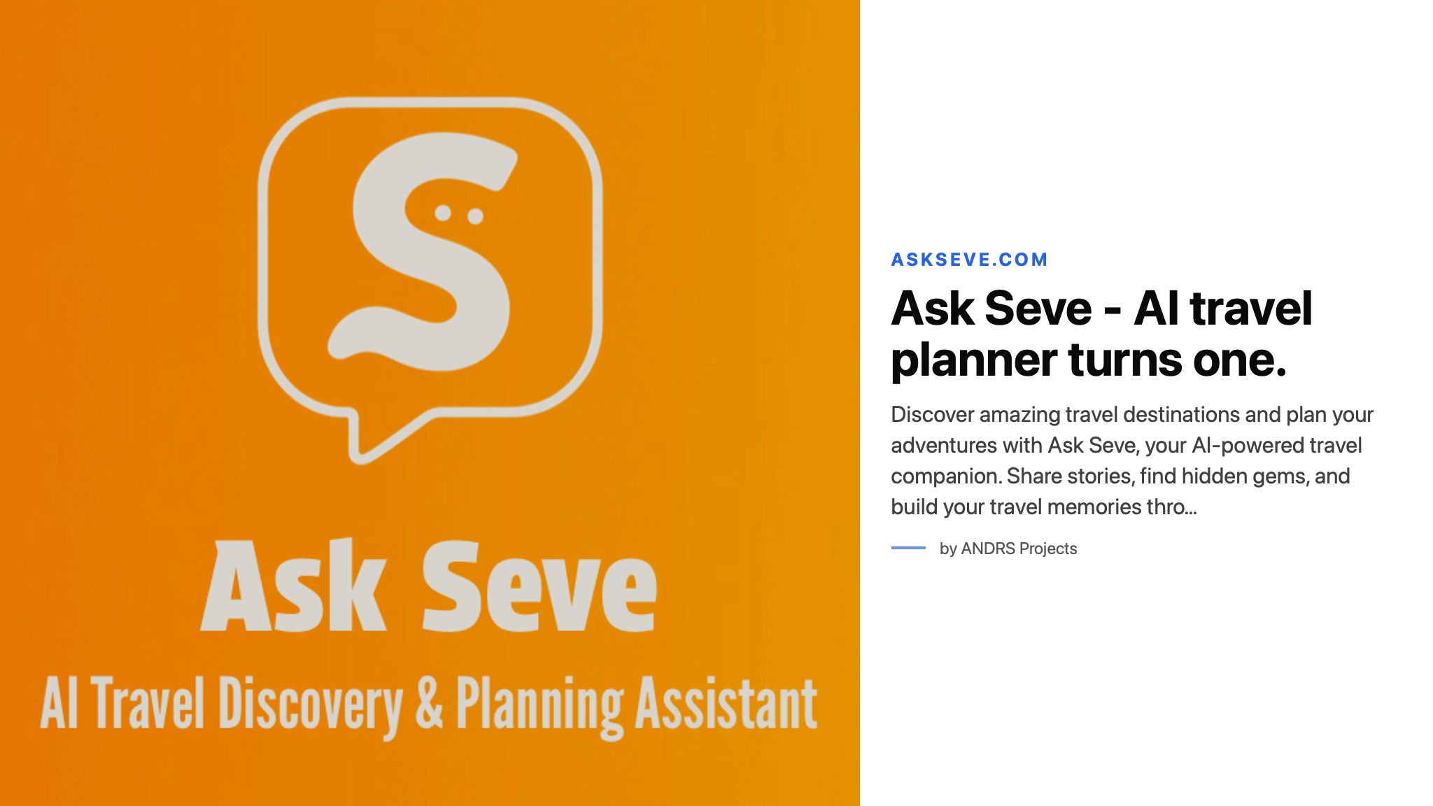 Ask Seve logo on an orange background — AI travel discovery and planning assistant