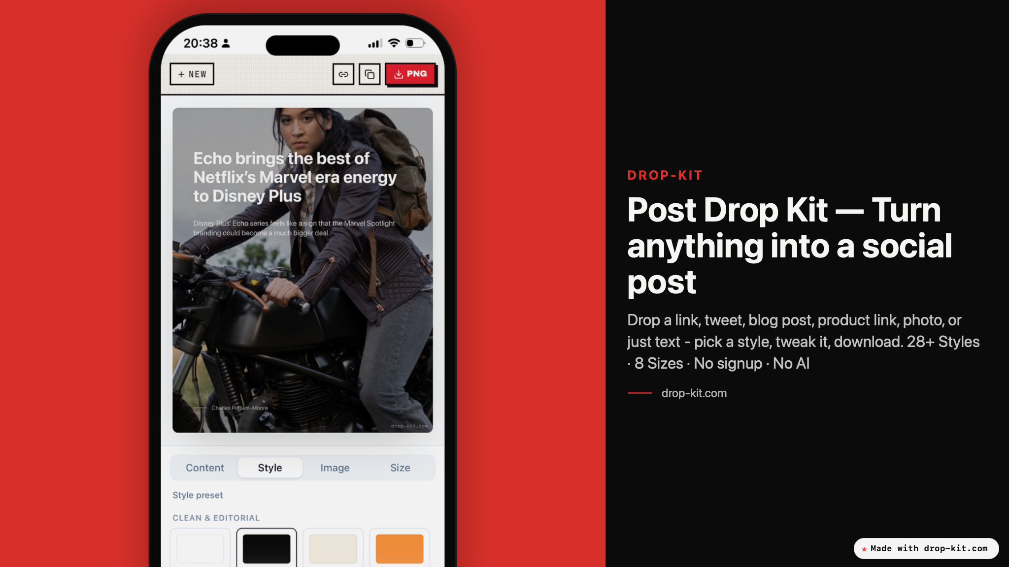 Drop Kit turning a news article link into a styled, ready-to-post social media image