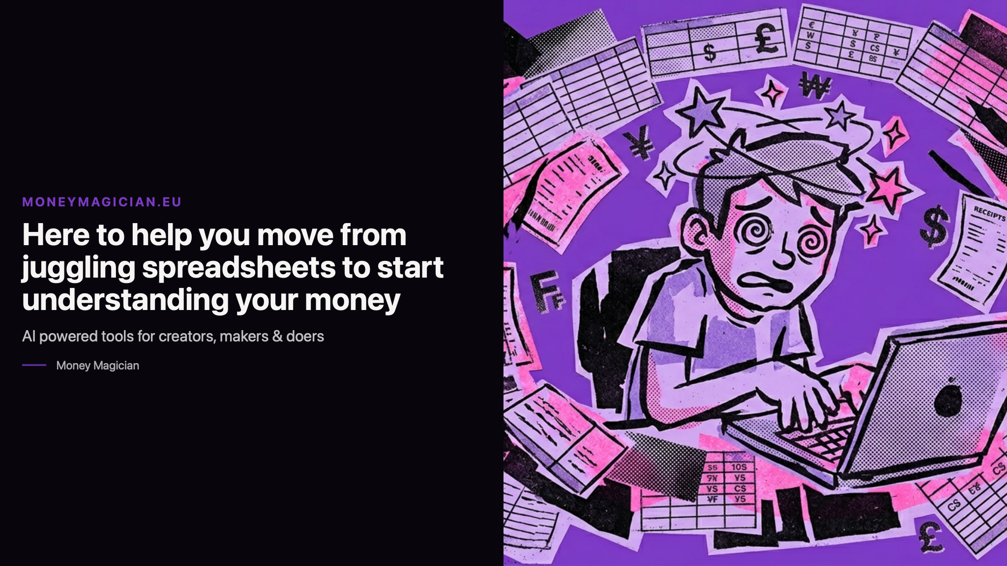 Risograph-style illustration of a stressed person surrounded by spreadsheets and receipts, for Money Magician