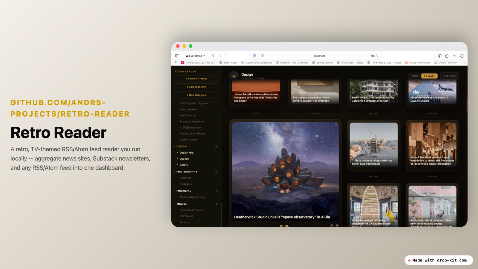 Retro Reader's TV-themed dashboard aggregating design, photography, and travel feeds