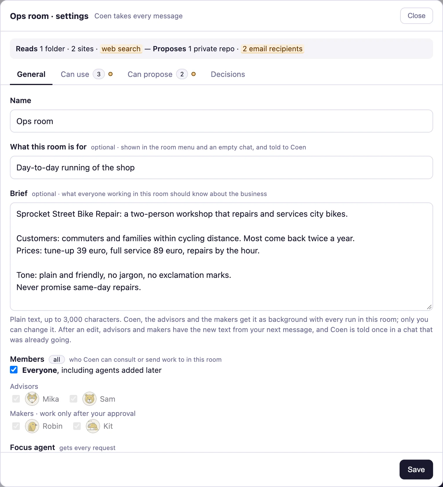 A room's settings with its brief: a few lines about the business, its customers, prices and tone