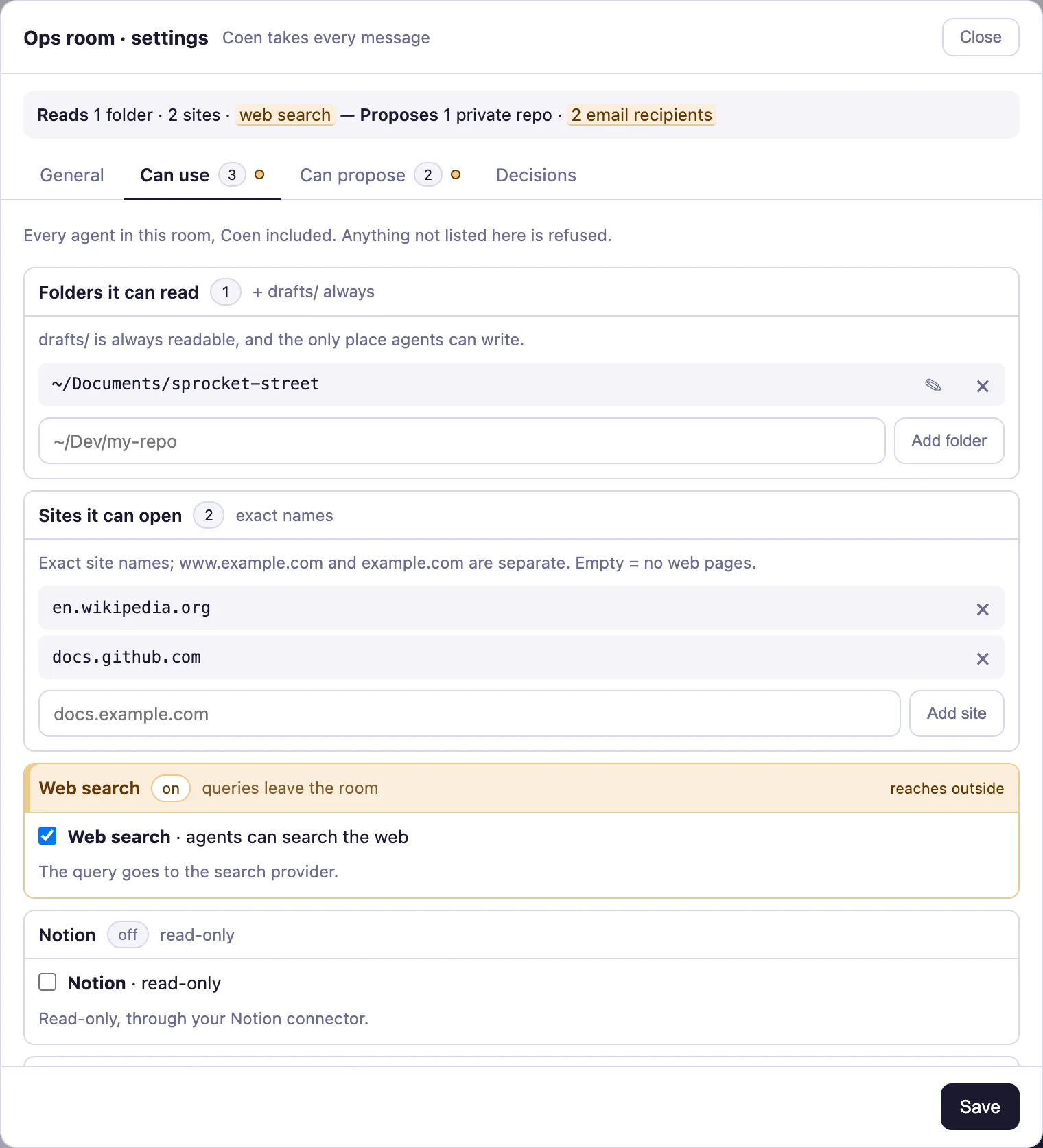 A room's settings: the folders it can read, the sites it can open, and web search switched on