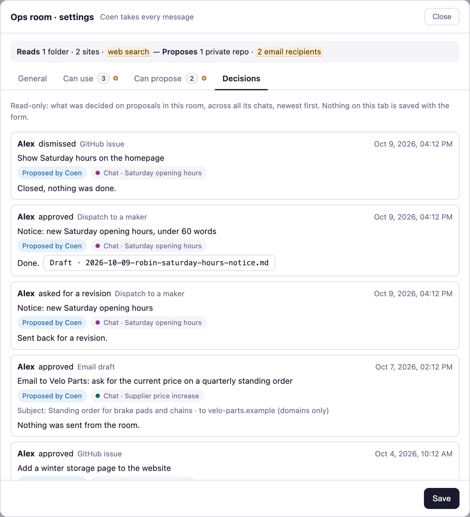 A room's list of decisions: five proposals that were approved, sent back or dismissed, each with who decided, the chat and the date