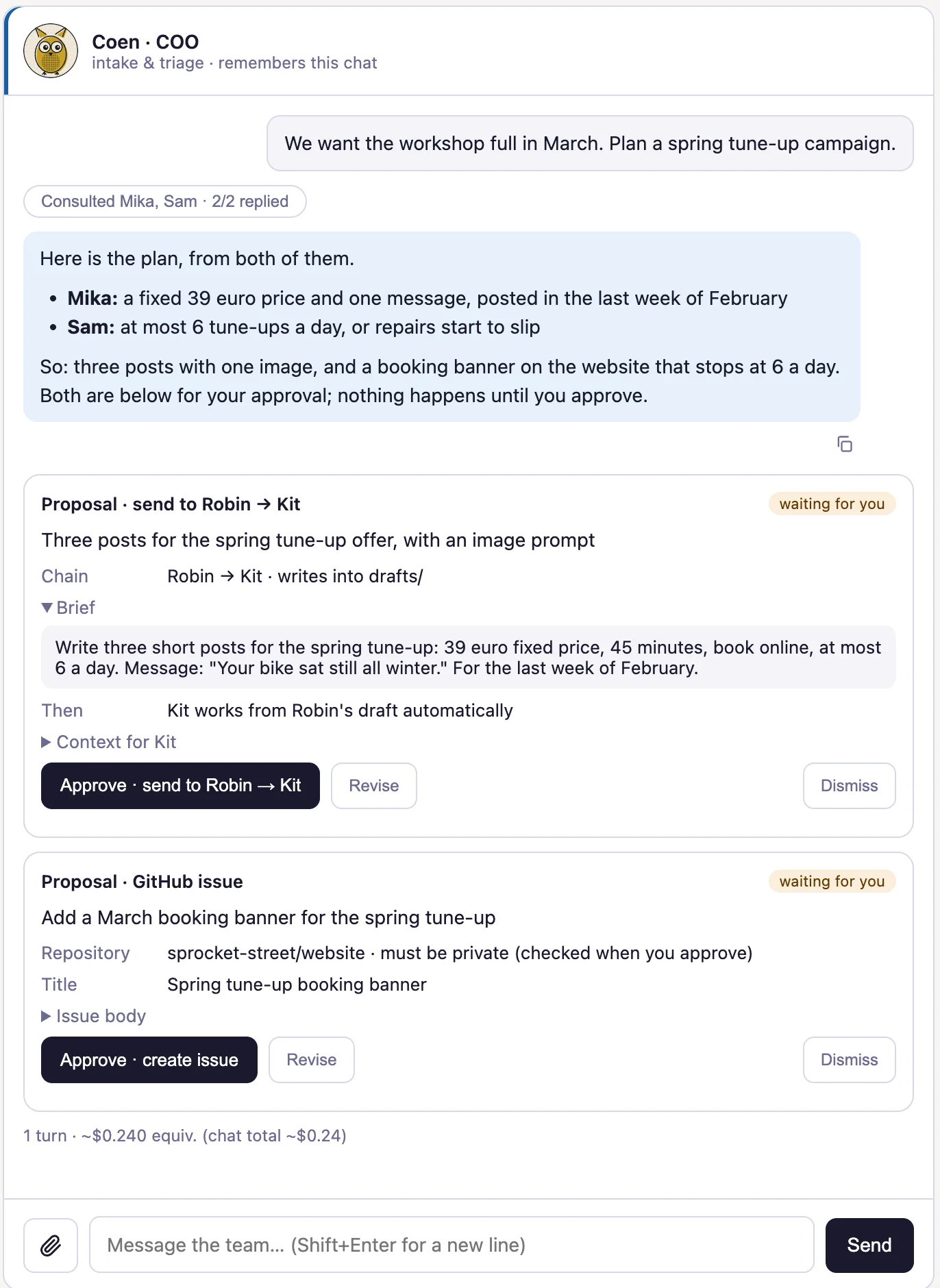 Two proposal cards, each with Approve, Revise and Dismiss buttons