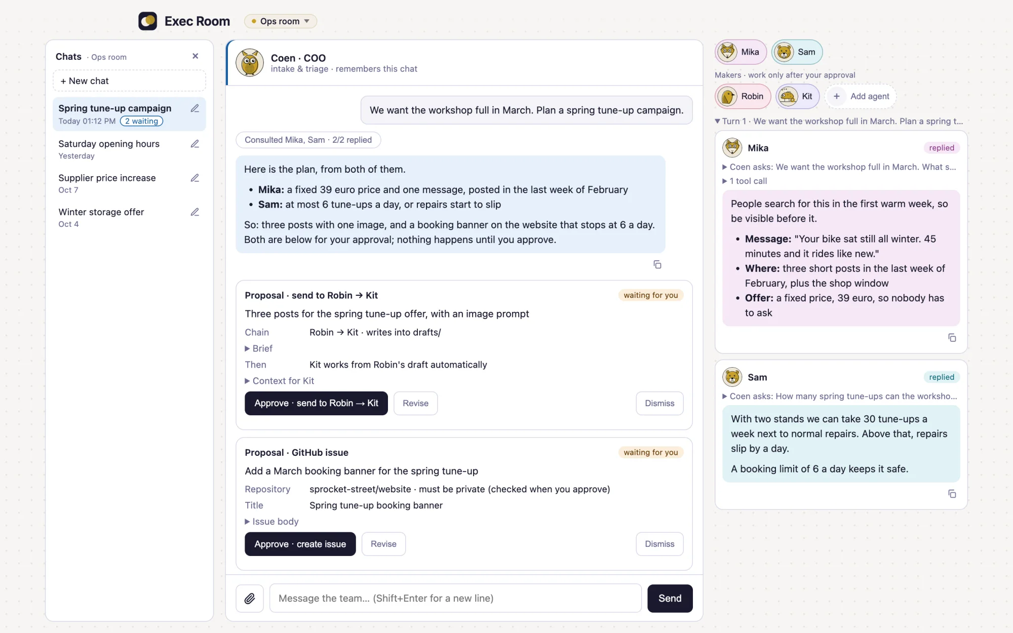 Exec Room: a list of chats on the left, the lead agent's answer with two proposals waiting for approval in the middle, and two advisors' replies on the right