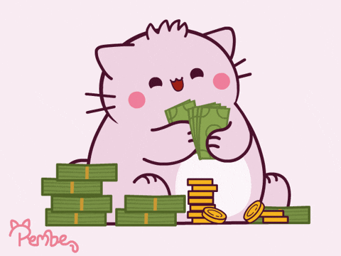 Cartoon cat happily holding stacks of cash and coins