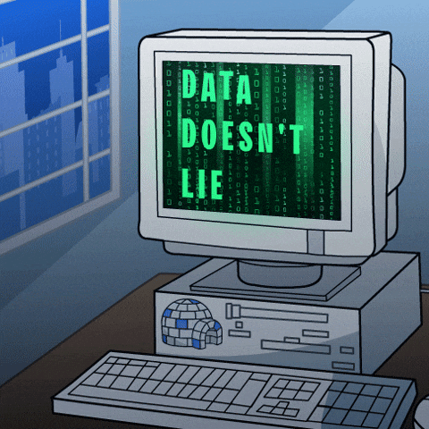 Cartoon computer screen scrolling green code reading Data Doesn't Lie