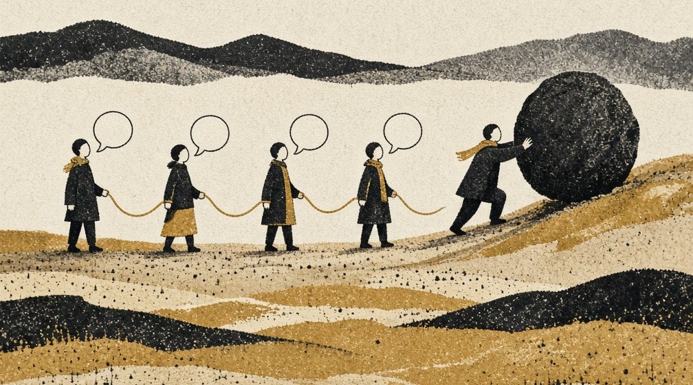 Risograph-style illustration of four figures with speech bubbles walking in a line, joined by a gold thread, behind one figure pushing a large black boulder up a hill